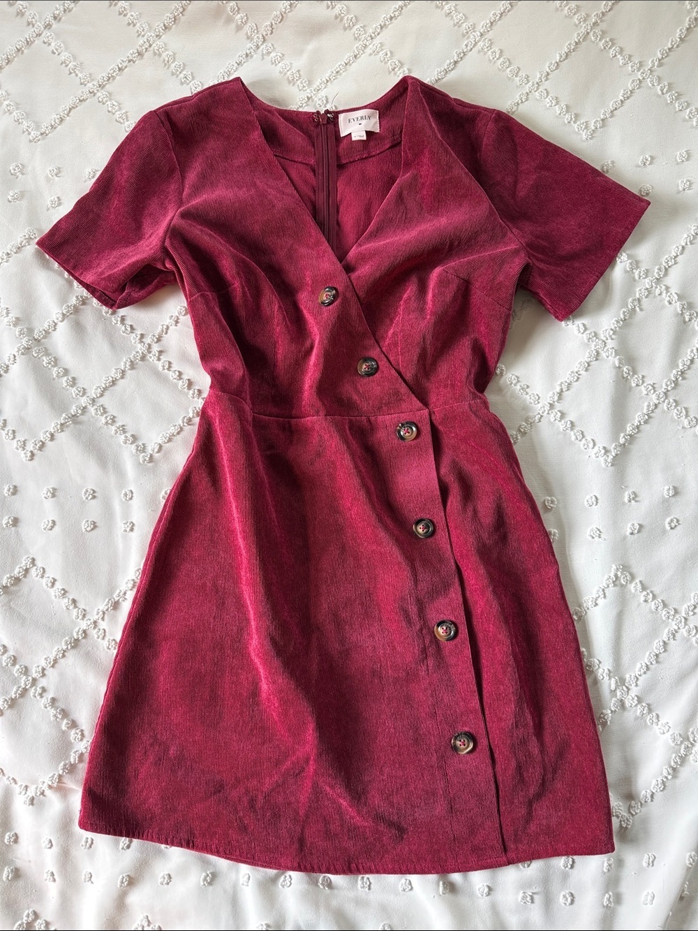 Everly Anthropology Wine-Red Short Sleeve Wrap Button Corduroy Mini Dress